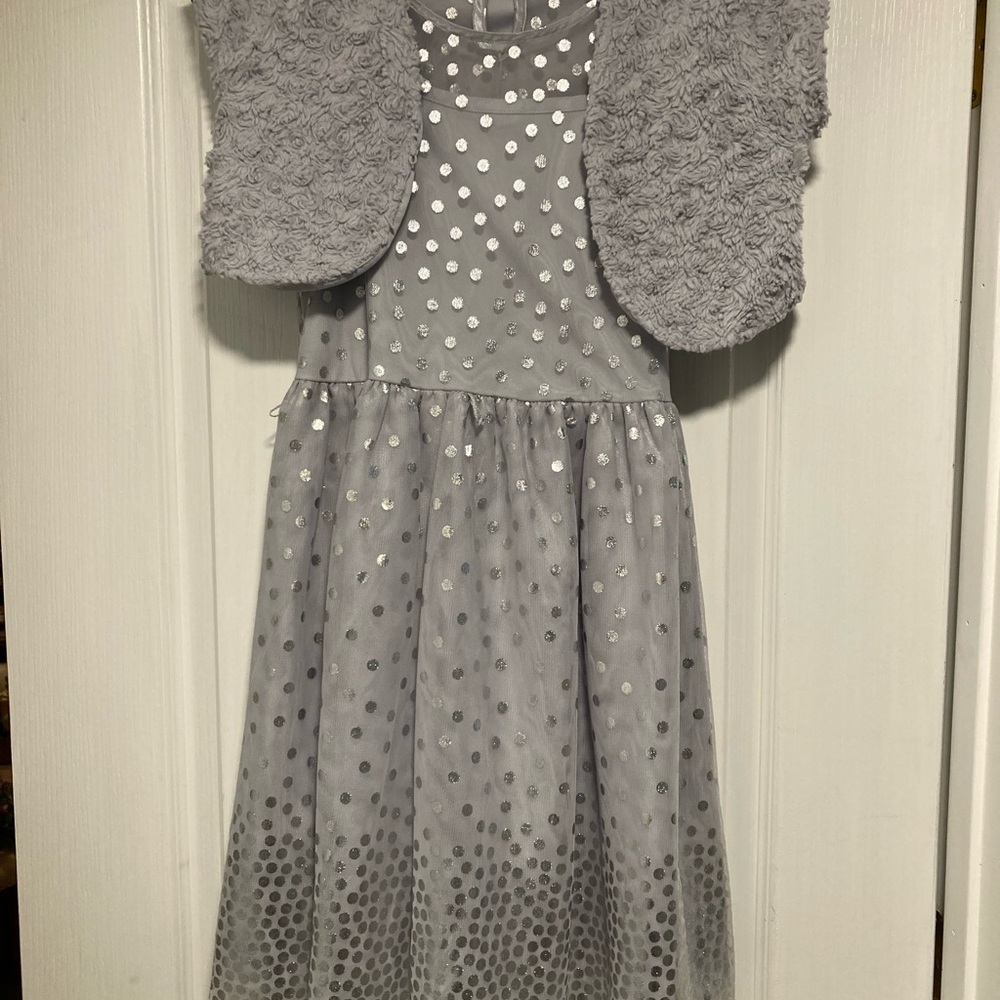 Silver Polka Dot Dress with Faux Fur Vest